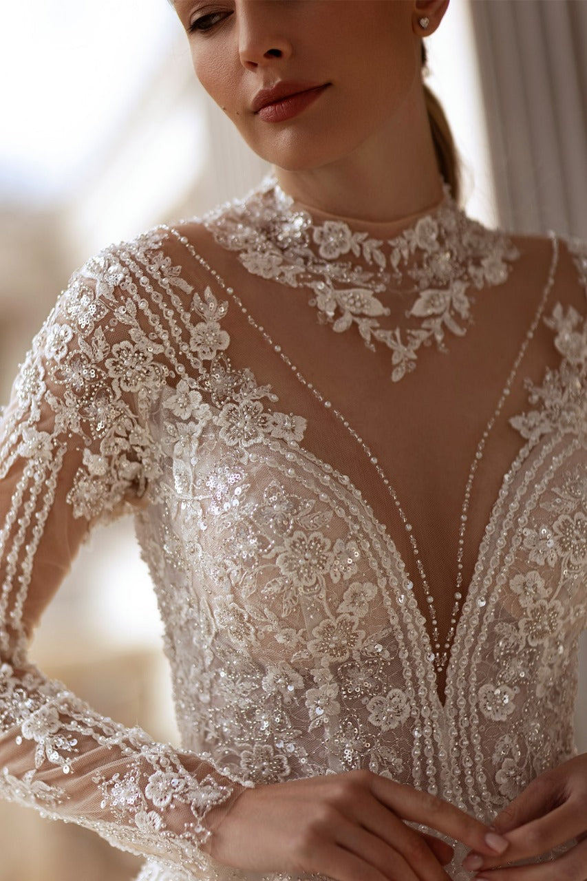 XAYWEAR Premium - High Neck Lace Ball Gown with Illusion Sleeves - XAYWEAR