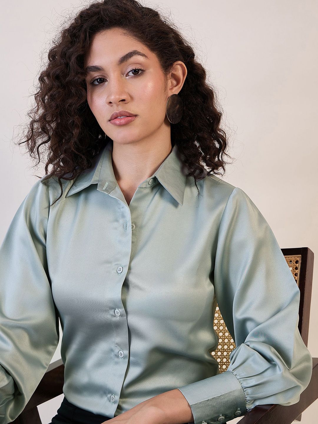 Sage Green Button-Up Satin Shirt Women's featuring a sleek design and elegant fabric