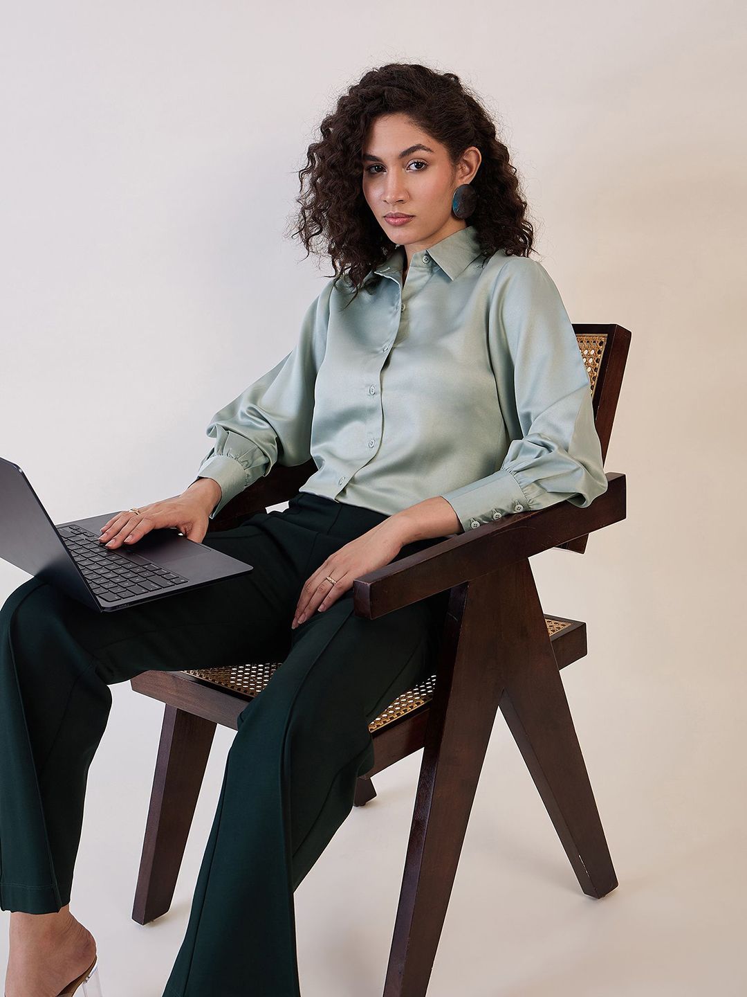 Sage Green Button-Up Satin Shirt Women's - XAYWEAR