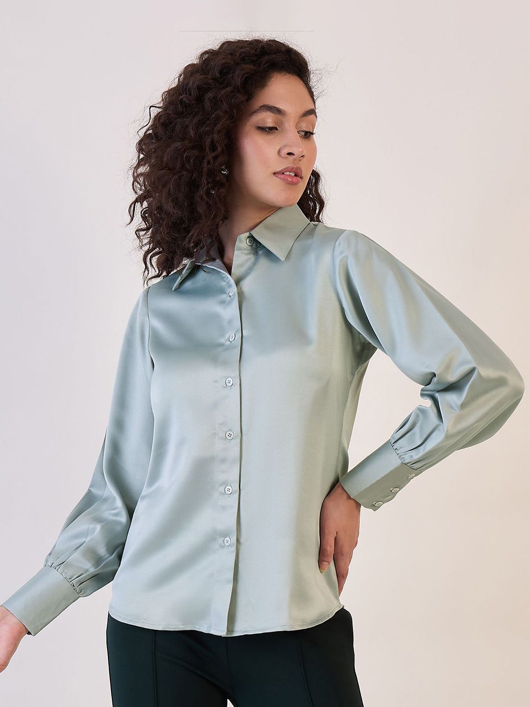 Sage Green Button-Up Satin Shirt Women's - XAYWEAR