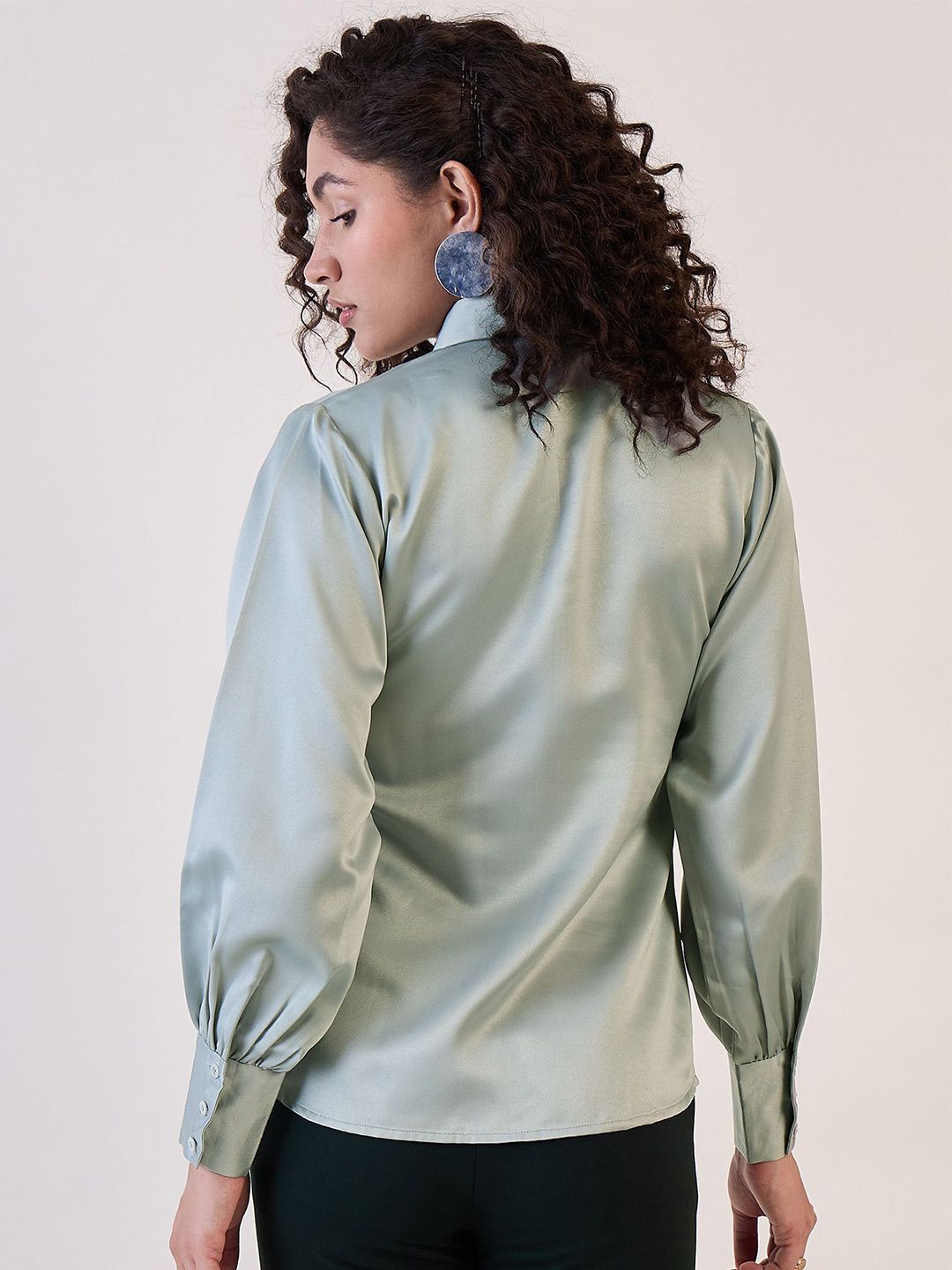 Sage Green Button-Up Satin Shirt Women's - XAYWEAR