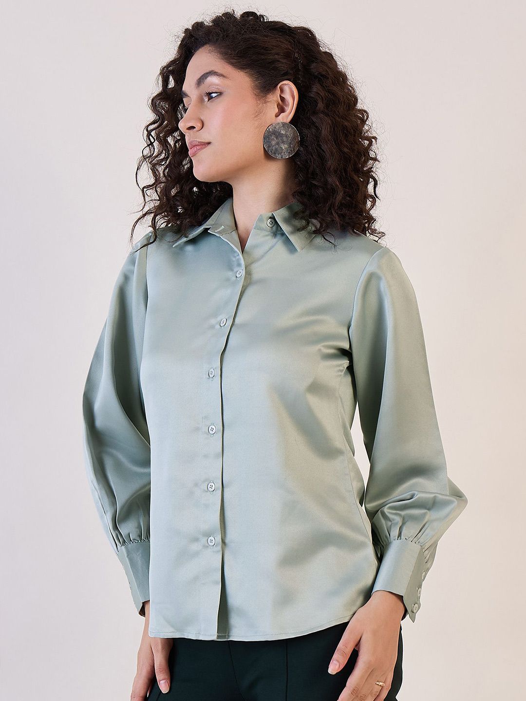 Sage Green Button-Up Satin Shirt Women's - XAYWEAR