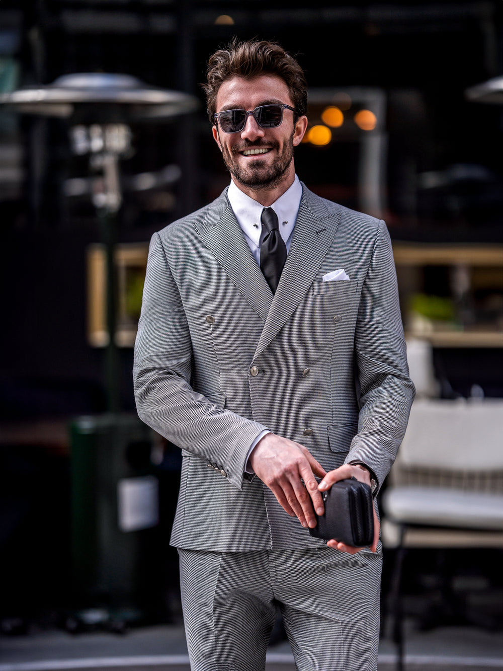 XAYWEAR gray double-breasted suit for men with black tie and white pocket square