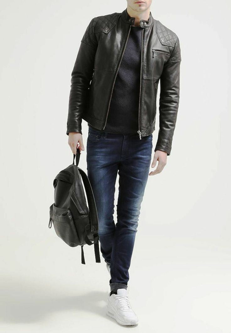 Stylish soft leather jacket men by XAYWEAR, paired with jeans and a backpack for a modern look