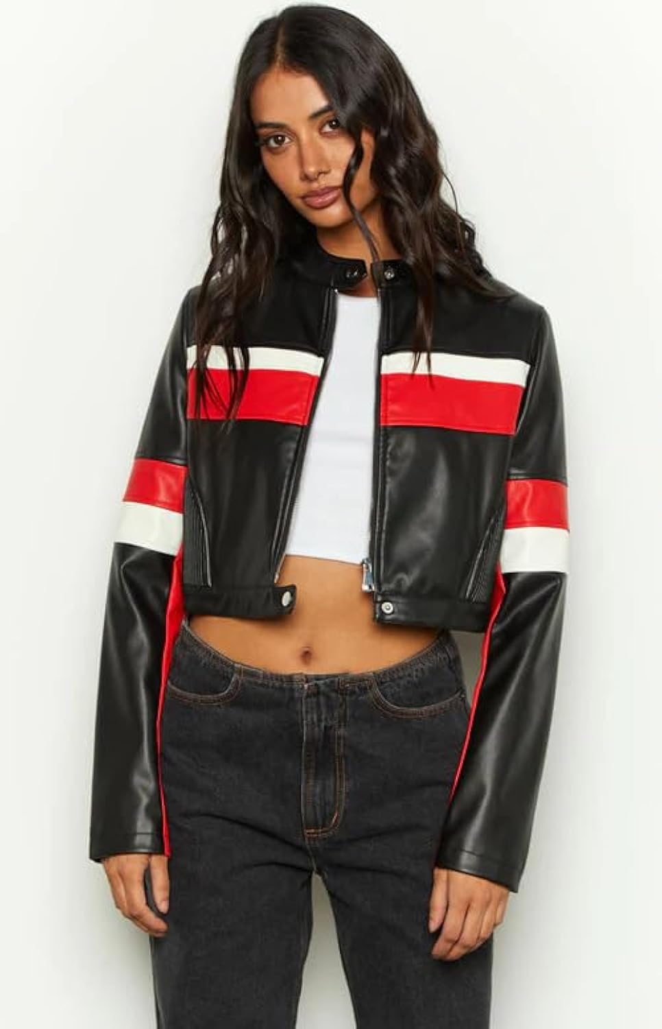 XAYWEAR black strip leather jacket with red and white stripes, cropped fit on model