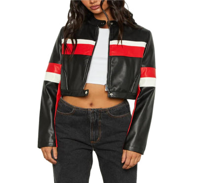 XAYWEAR black strip leather jacket with red and white stripes on chest and sleeves