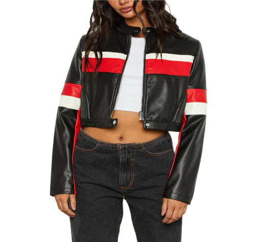 XAYWEAR black strip leather jacket with red and white stripes on chest and sleeves