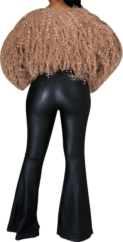 XAYWEAR slim fit women black leather pants high waist flared leg back view with shaggy brown top