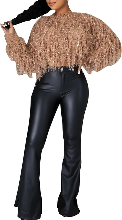 XAYWEAR slim fit women black leather pants high waist flare hem paired with cropped textured brown sweater