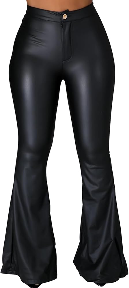 XAYWEAR slim fit women black leather pants high waist faux leather button closure with flared legs
