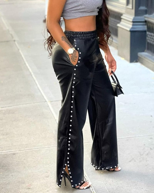 XAYWEAR women leather pants black wide leg with side snap stud detailing elastic waist and front slit