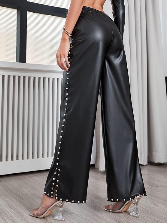 XAYWEAR black women leather pants wide leg with side silver studs and elastic high waist