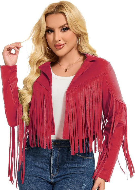 XAYWEAR stylish fringe jacket in red with long fringes for a trendy look