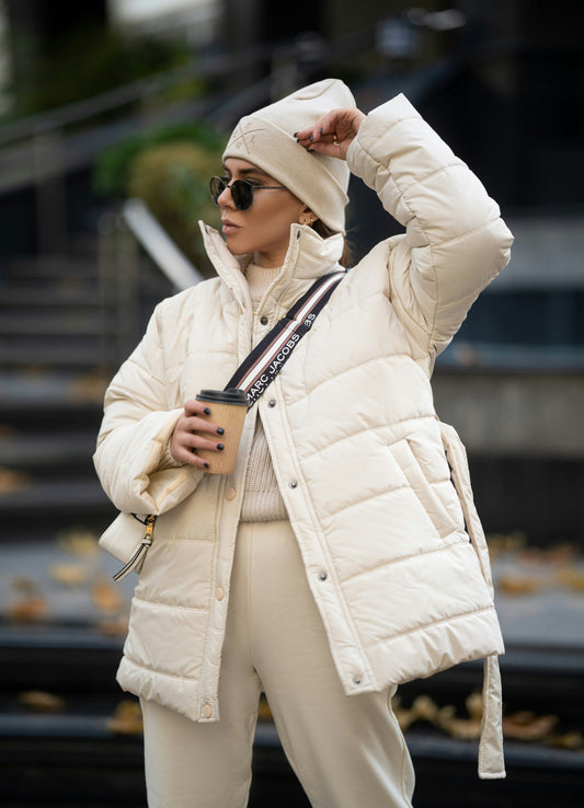 XAYWEAR stylish warm puffer jacket in cream, perfect for chilly weather and trendy outfits
