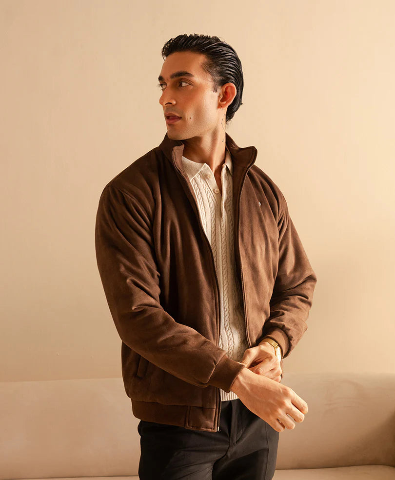 XAYWEAR brown suede jacket for men with a zip-up front and stylish ribbed cuffs