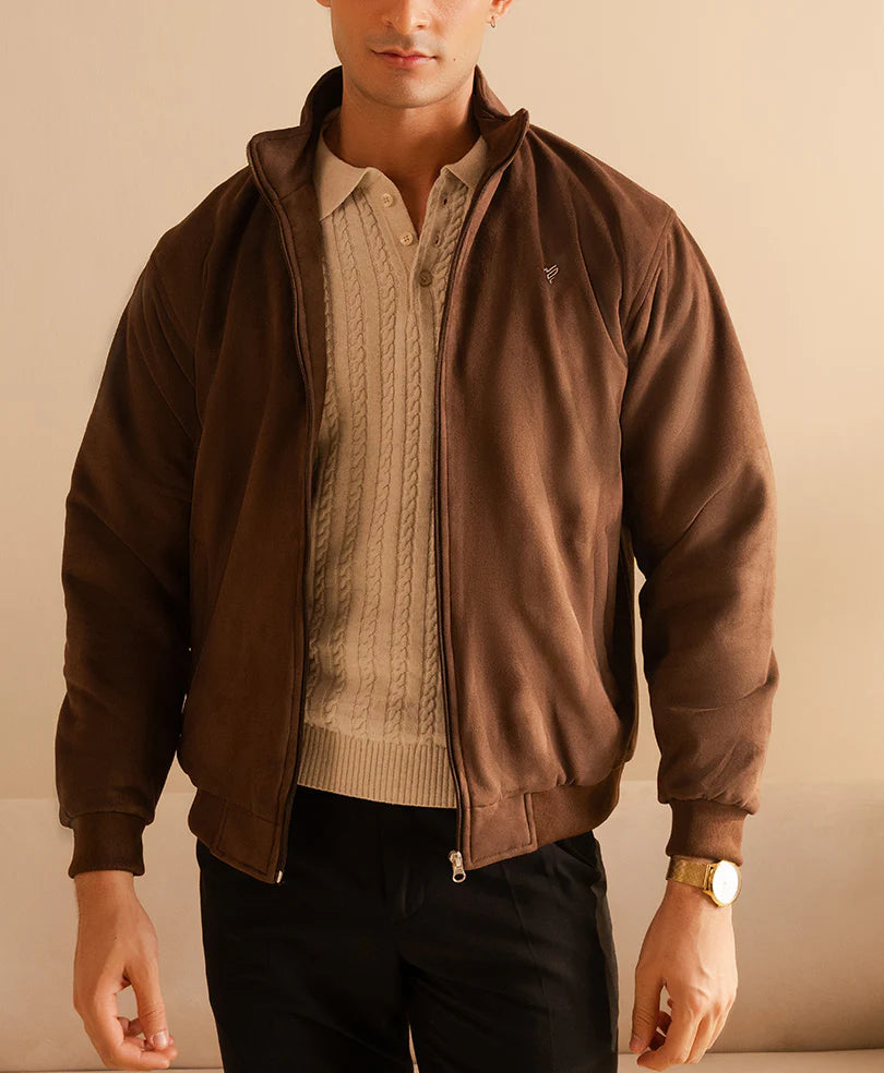 Men's brown suede jacket for men with a zip-up front and casual style from XAYWEAR