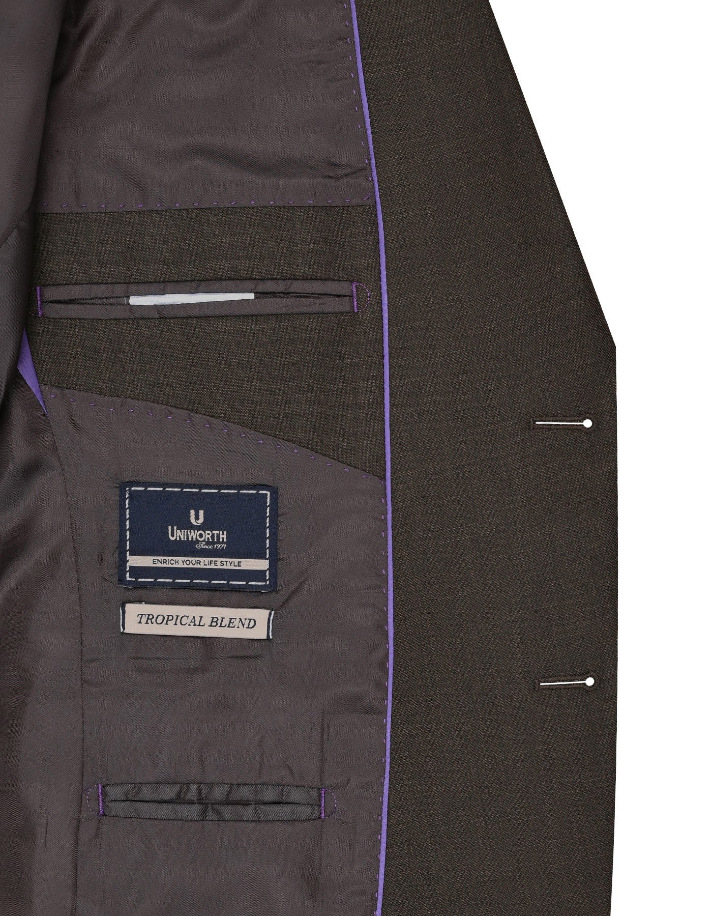 Interior view of XAYWEAR Suit for Men featuring tropical blend fabric and multiple pockets