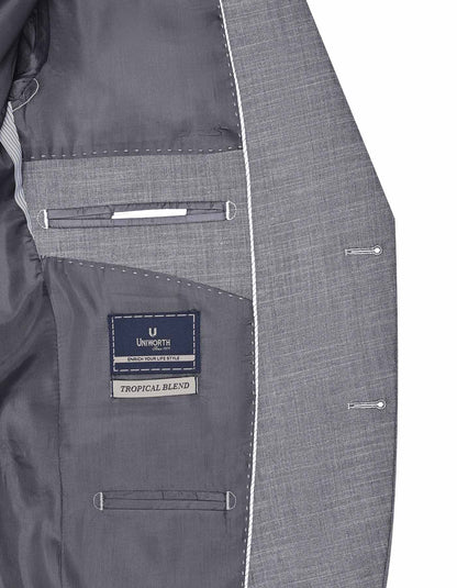 Interior view of XAYWEAR three-piece suit for men, showing the tropical blend fabric and pockets