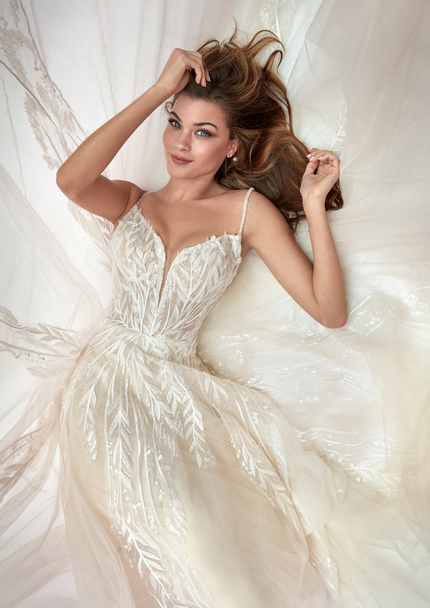 XAYWEAR elegant white wedding dress gown with delicate leaf embroidery and thin straps
