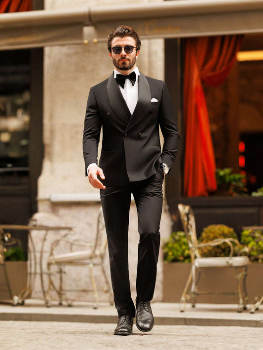 Elegant XAYWEAR Two-Piece Suit for Men in Black with Bow Tie and Stylish Sunglasses