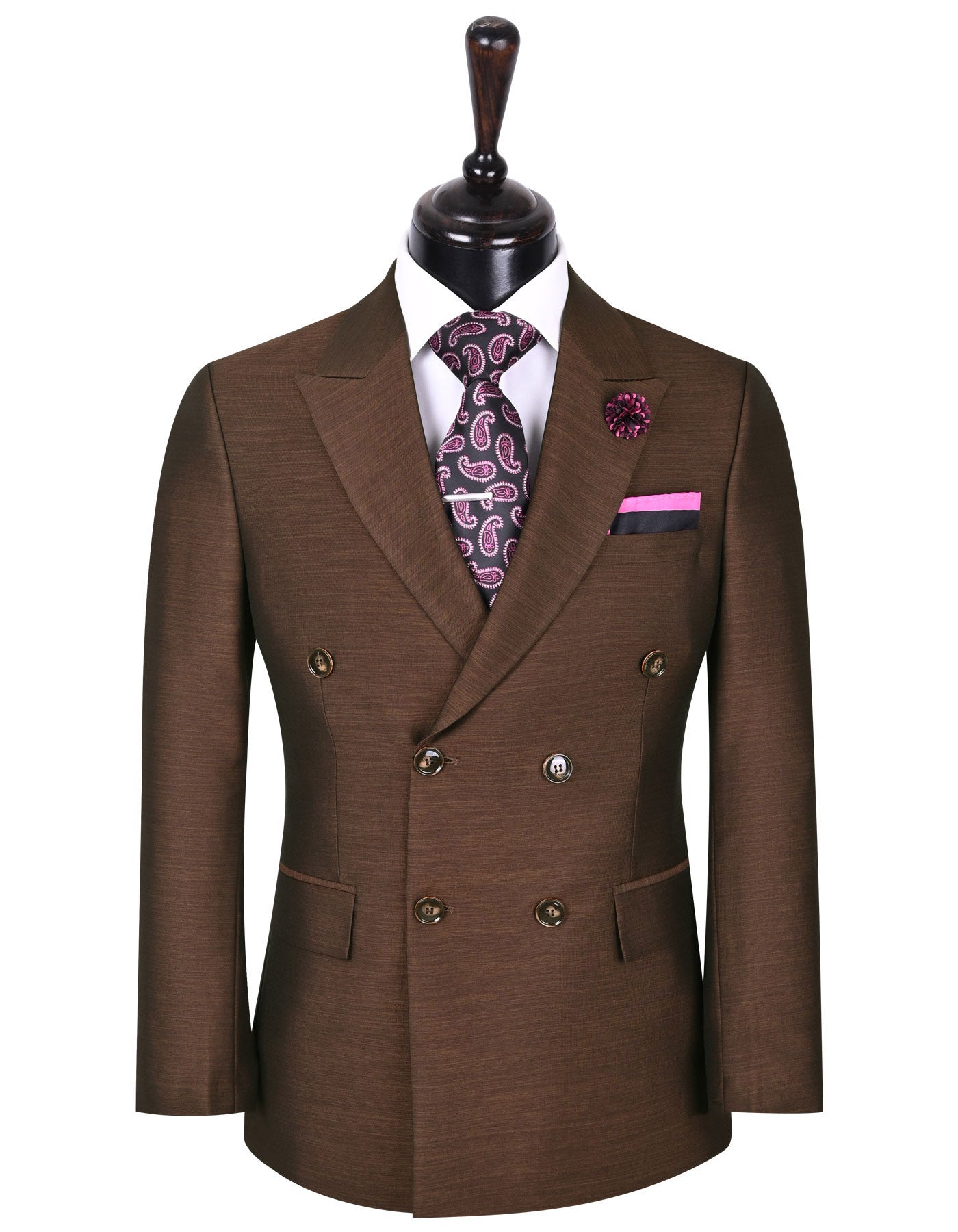 XAYWEAR men's chocolate suit in double-breasted style with stylish details and elegant tie
