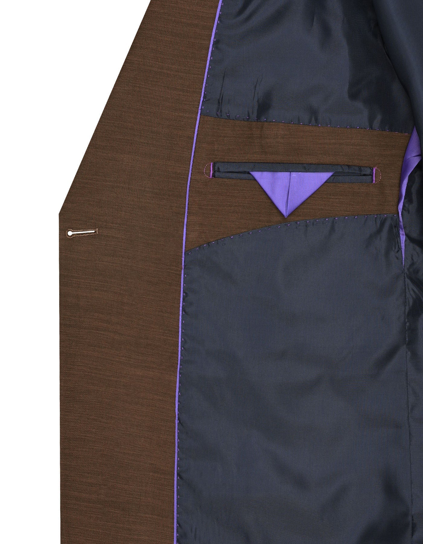 Interior view of XAYWEAR men's chocolate suit featuring a sleek lining and pocket details