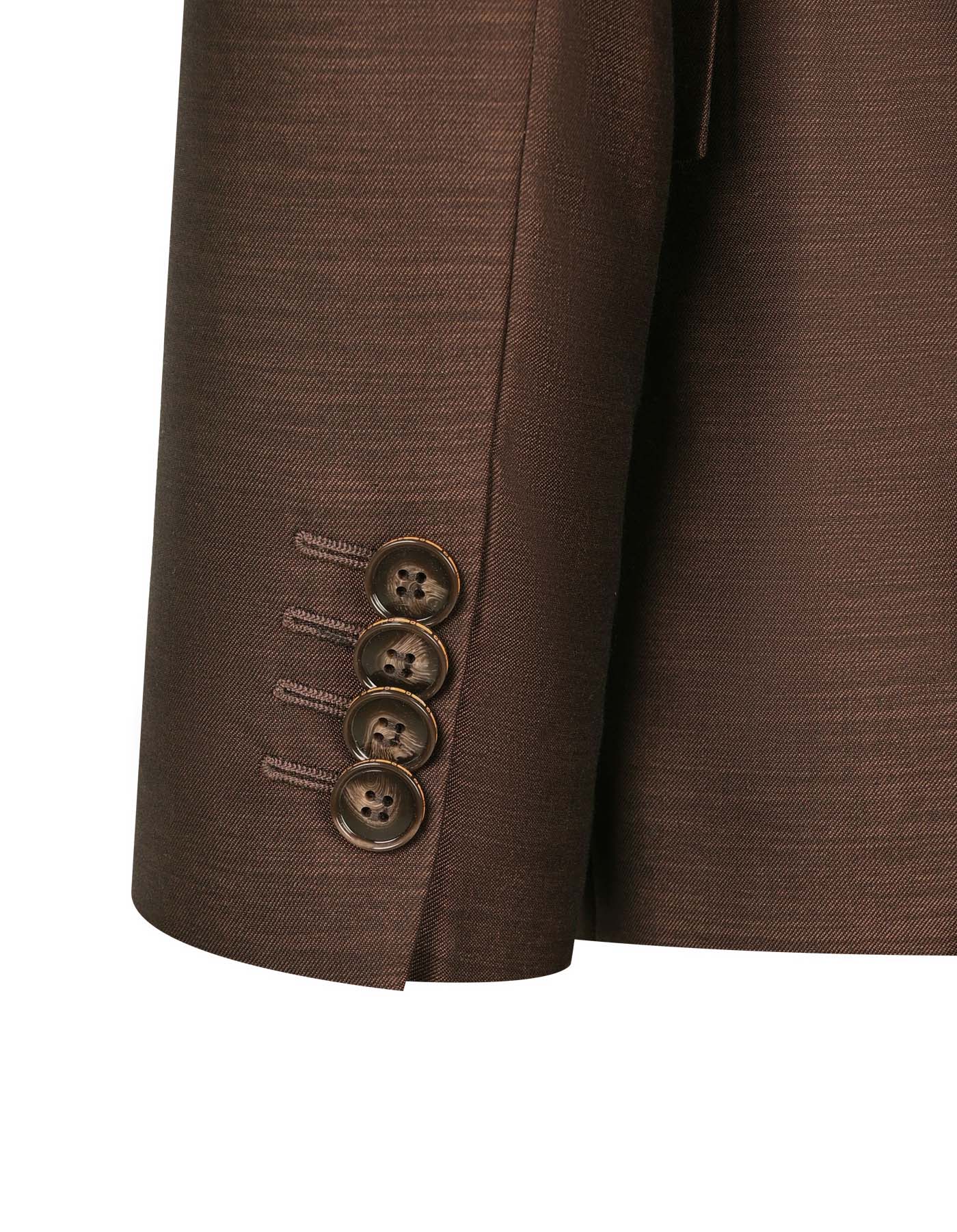 Close-up of XAYWEAR men's chocolate suit coat sleeve with button details and elegant texture