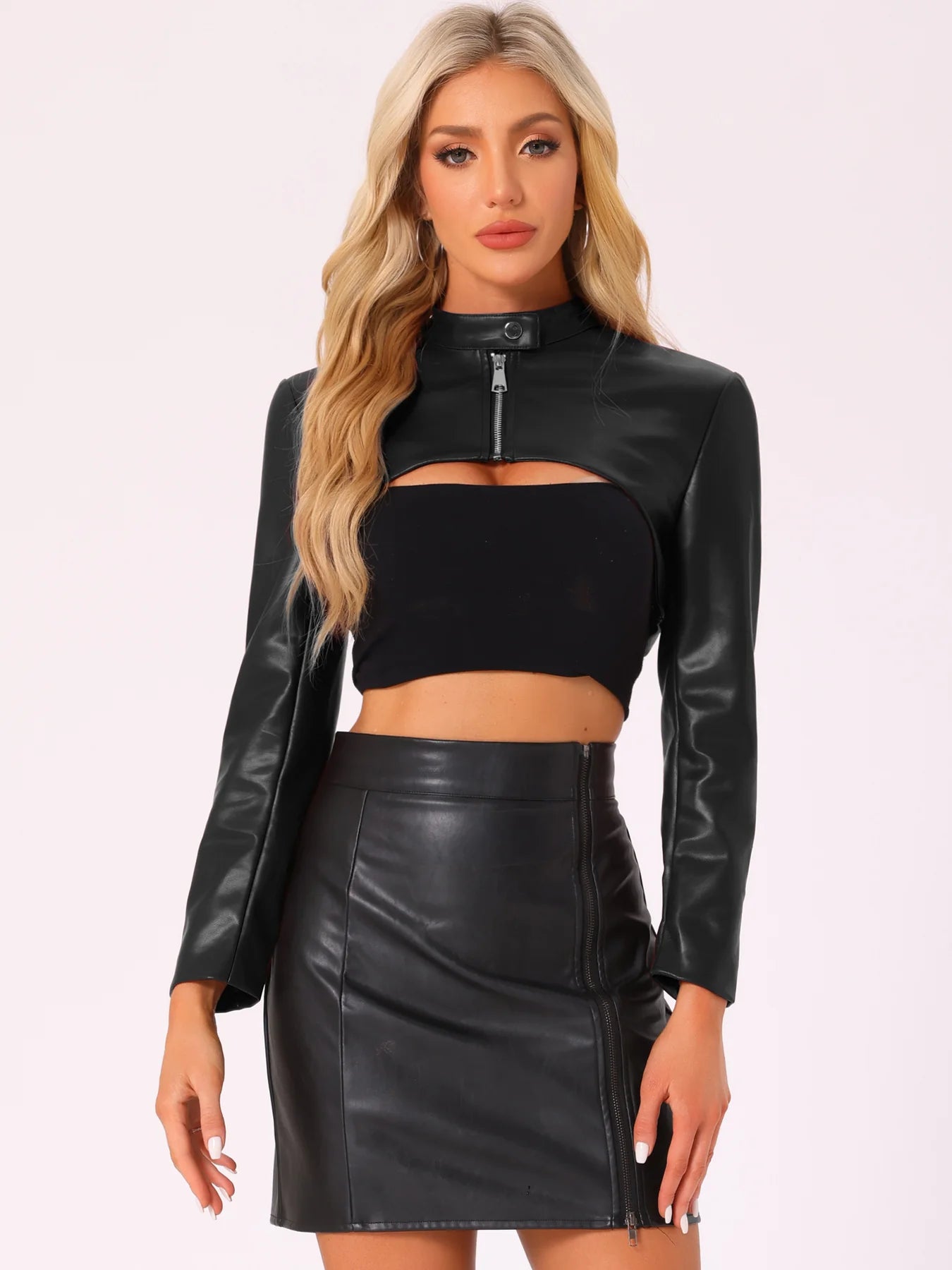 XAYWEAR women cutout leather jacket black cropped zip collar long sleeves styled with matching leather skirt