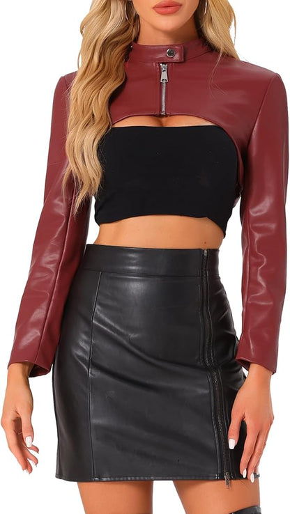 XAYWEAR burgundy women cutout leather jacket cropped high collar zip front chest opening styled with black crop top