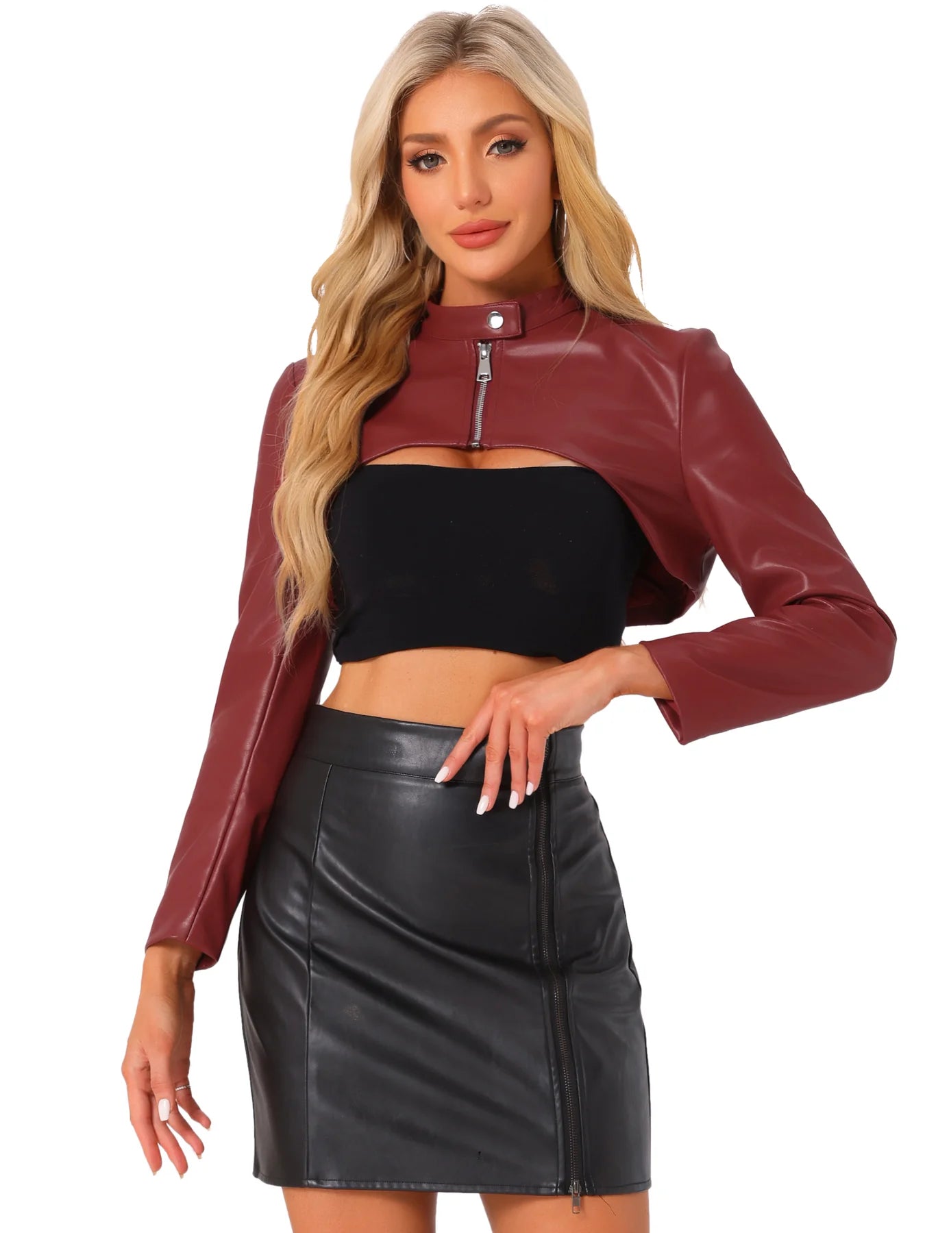 XAYWEAR women cutout leather jacket burgundy cropped zip front with long sleeves worn over black crop top