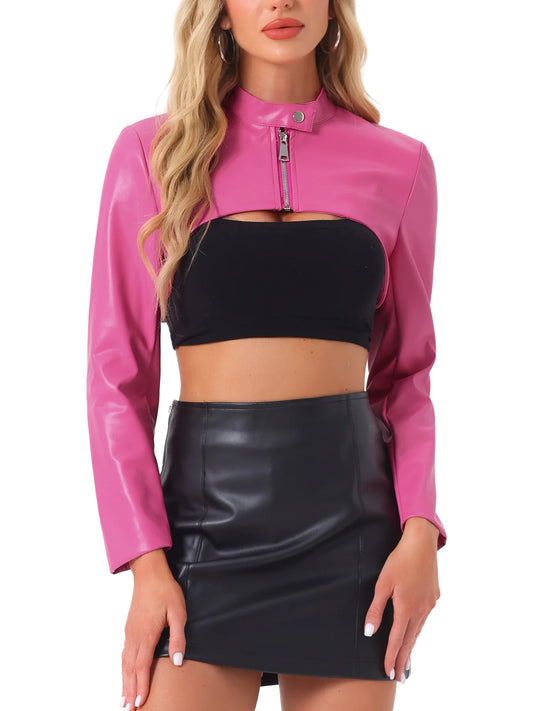 XAYWEAR pink women cutout leather jacket cropped zip front bolero over black tube top and black mini skirt