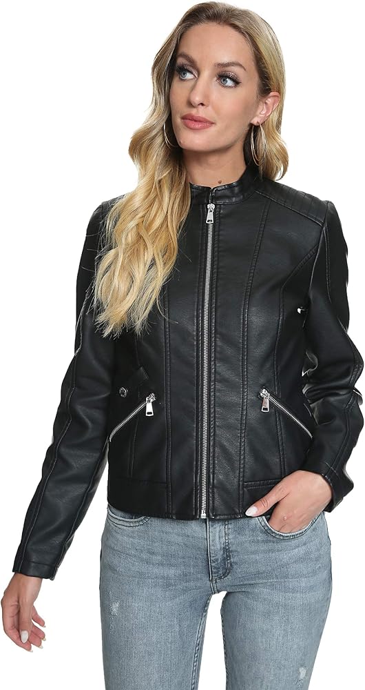 XAYWEAR women black leather jacket biker style with zip pockets and stand collar on model