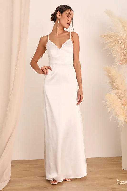 XAYWEAR elegant white bridal dress gown with spaghetti straps and V-neckline for weddings