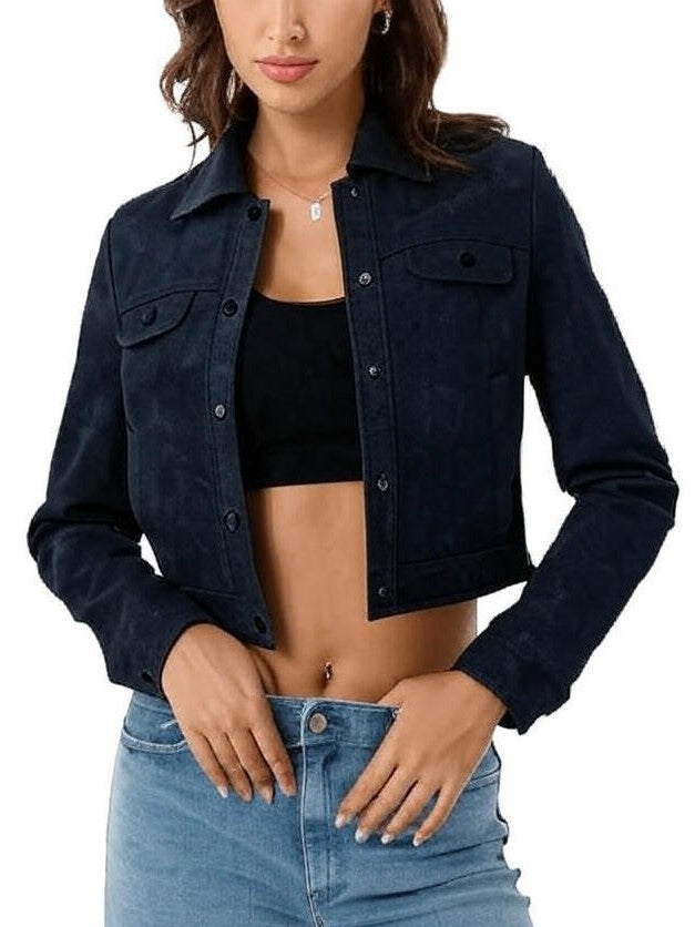 XAYWEAR cropped leather jacket in black worn by woman with button-up front and chest pockets