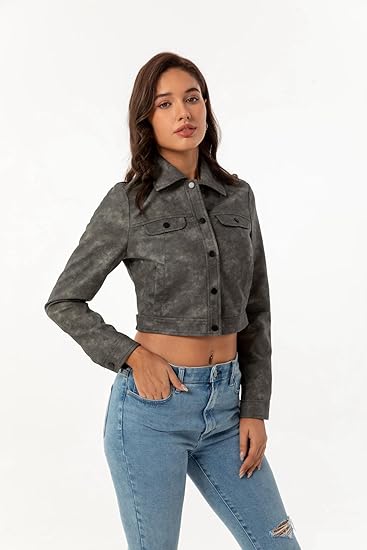 XAYWEAR cropped leather jacket in gray worn by woman with blue jeans and long sleeves