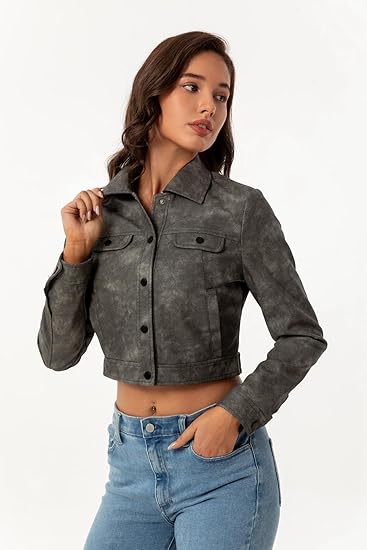 XAYWEAR cropped leather jacket in dark gray worn by woman with casual blue jeans