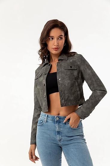 XAYWEAR cropped leather jacket in dark gray worn with high-waisted blue jeans and black crop top