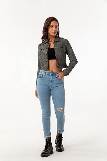 XAYWEAR cropped leather jacket in dark gray worn with light blue jeans and black boots