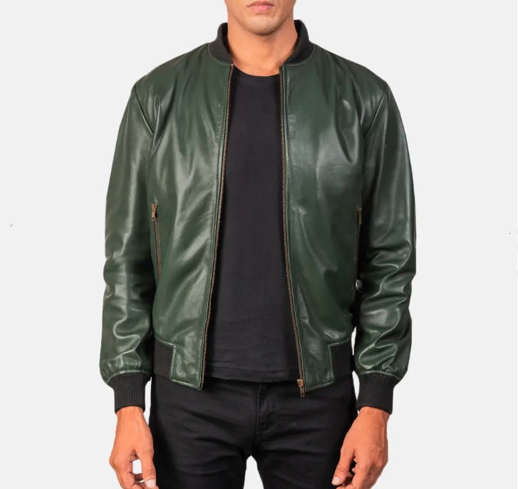 XAYWEAR green leather jacket for men with ribbed cuffs and collar, front zipper closure