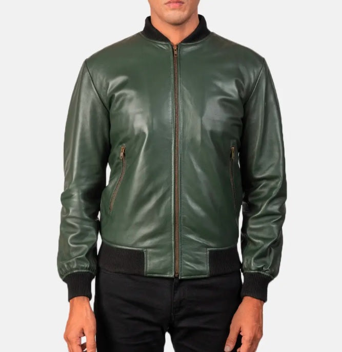 XAYWEAR green leather jacket for men with front zipper and ribbed cuffs and hem