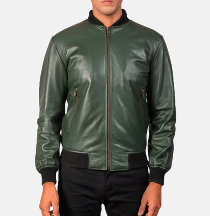 XAYWEAR green leather jacket for men with front zipper and ribbed cuffs and hem