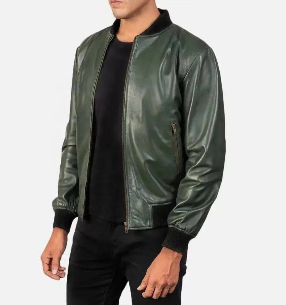 XAYWEAR green leather jacket for men with front zipper and black cuffs on model