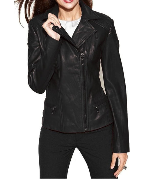 XAYWEAR black leather jacket for women with zip closure and fitted design