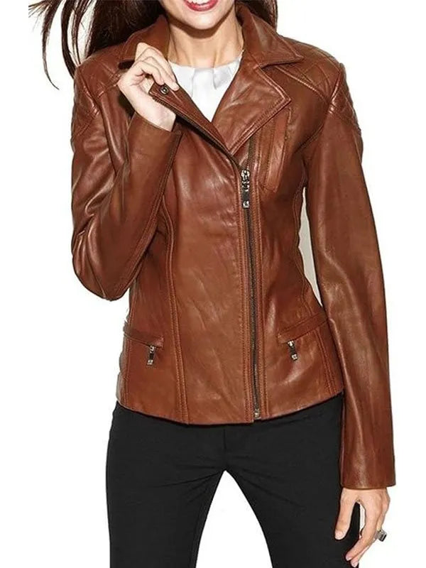 XAYWEAR brown leather jacket for women with front zipper and side pockets