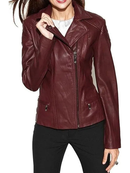 XAYWEAR maroon leather jacket for women with zip-up front and fitted design