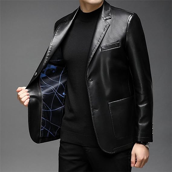 XAYWEAR men leather jacket in black with smooth finish and patterned inner lining