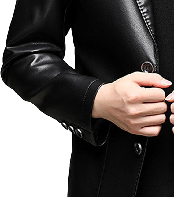 Close-up of black men leather jacket by XAYWEAR showing smooth texture and button details