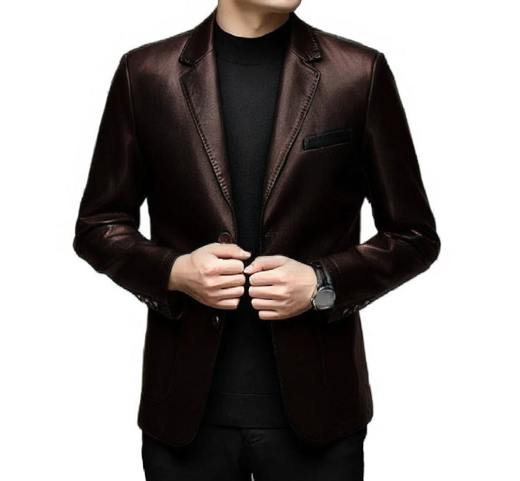XAYWEAR men leather jacket in dark brown with tailored fit and classic lapel collar