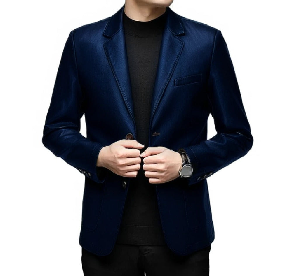 XAYWEAR men leather jacket in navy blue with blazer style and button closure