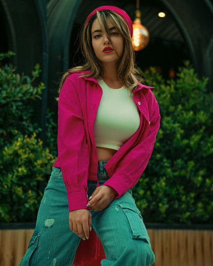 XAYWEAR pink jacket for women styled with casual jeans and a white crop top outdoors